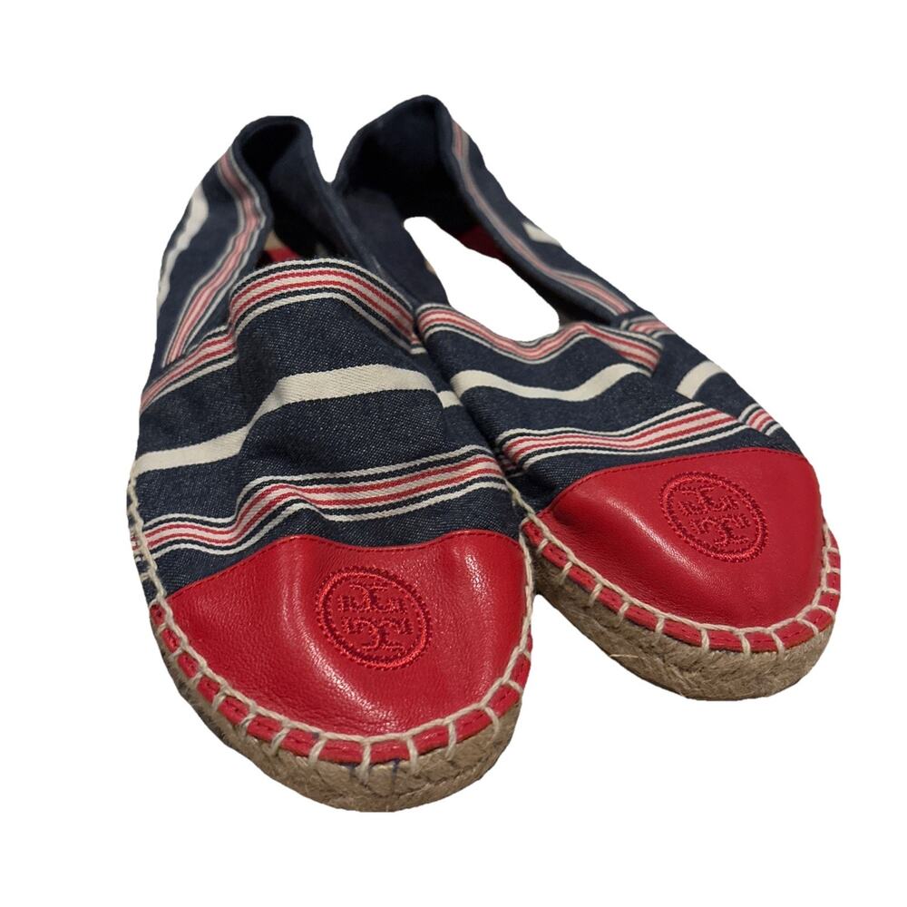 Tory Burch Red Blue White Stripe Cap Toe Colorblock Leather Espadrilles 8
